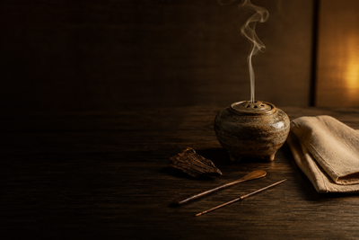 Scène de cérémonie du kōdō : brûleur en céramique, éclat de bois d'agar et outils en cuivre sur une table sombre, lumière chaude