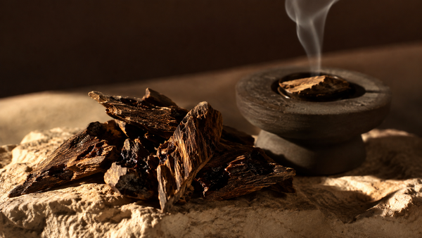 Copeaux de bois de oud résineux près d'un brûleur, fine fumée d'encens dans une ambiance zen et dorée