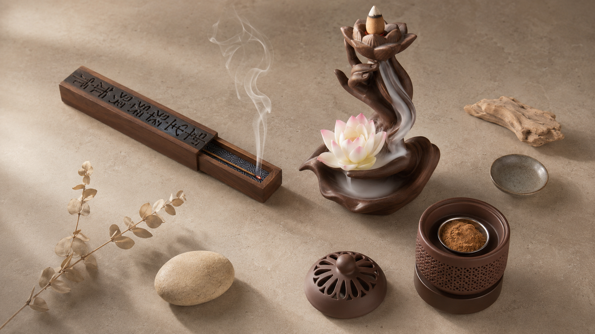 Quatre porte-encens en bois, céramique et cuivre composés en flat-lay zen avec fumée d'encens