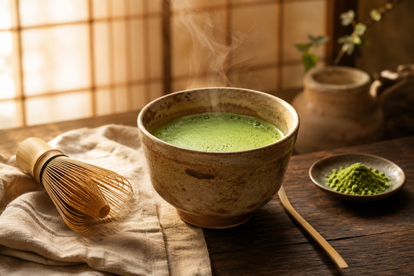 Matcha fraîchement fouetté et mousseux dans un bol chawan en céramique terre, fouet en bambou chasen posé à côté sur un plateau en bois