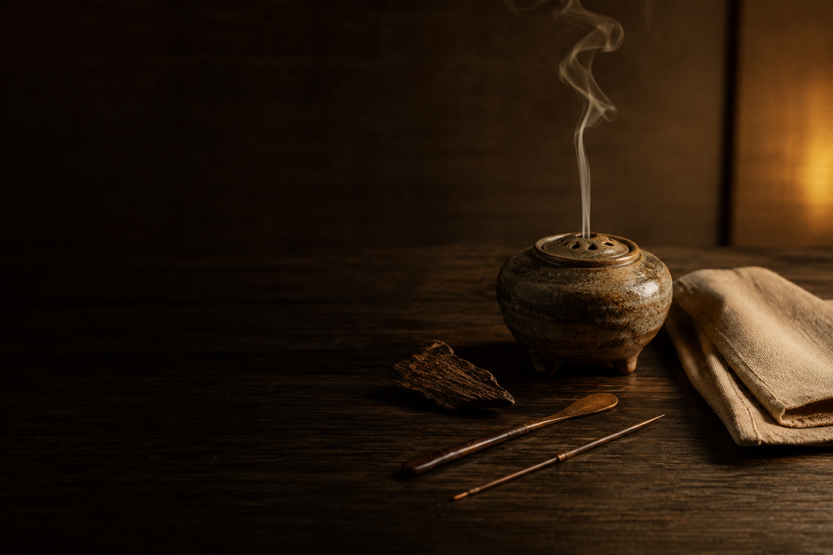 Scène de cérémonie du kōdō : brûleur en céramique, éclat de bois d'agar et outils en cuivre sur une table sombre, lumière chaude