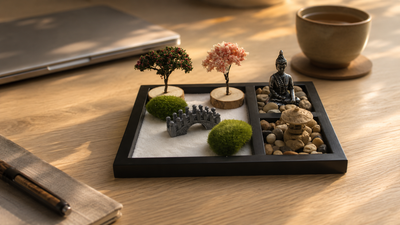 Mini jardin zen japonais posé sur un bureau épuré pour une micro-méditation au travail
