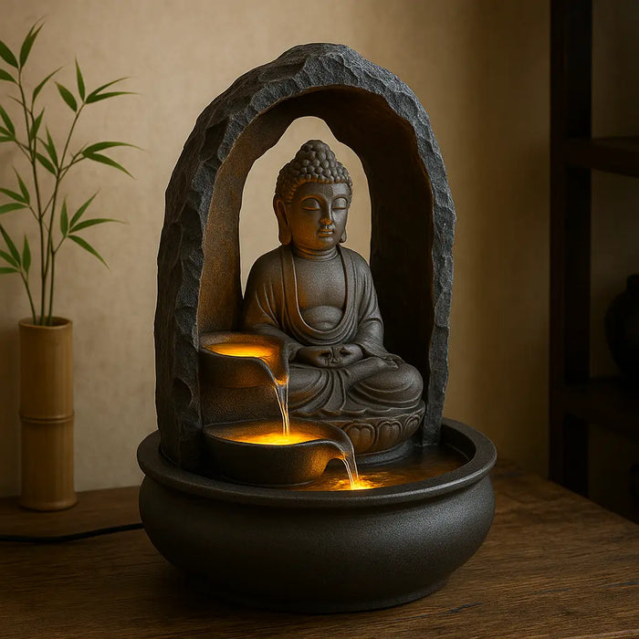 Fontaine d’intérieur zen – statue bouddha en pierre avec cascade d’eau illuminée LED, décoration feng shui et ambiance maison relaxante
