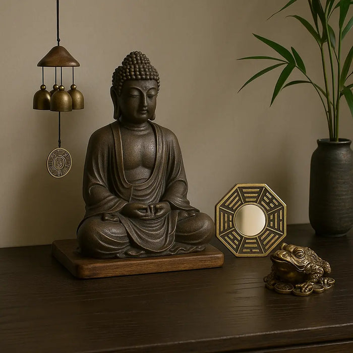 Objets feng shui – statue bouddha assis, miroir bagua, carillon et grenouille à trois pattes sur table en bois avec plante bambou pour énergie positive