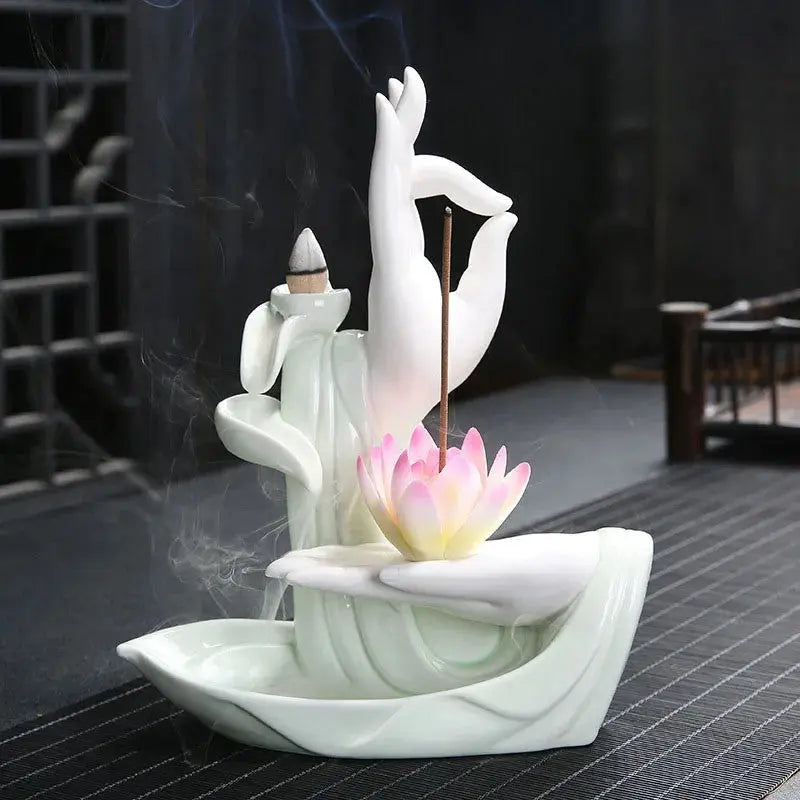 Fontaine d’Encens Main de Bouddha Lotus - Céramique Blanche ENCENSORIA