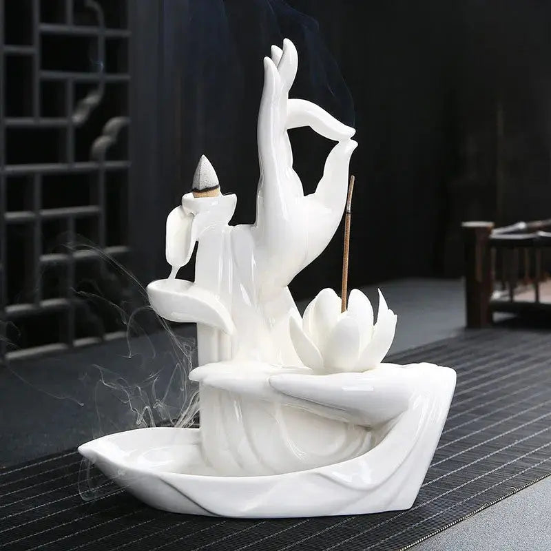 Fontaine d’Encens Main de Bouddha Lotus - Céramique Blanche ENCENSORIA