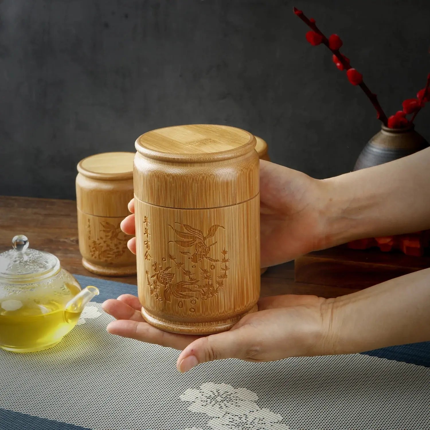 Boîte conservation thé bambou artisanal, protection humidité et odeurs couvercle hermétique