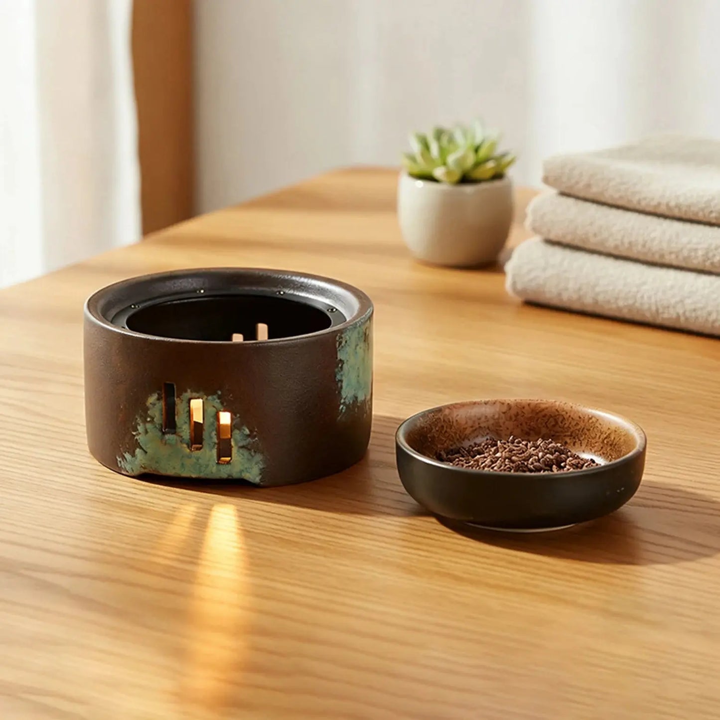 Brûle-parfum céramique artisanal zen, coupelle amovible compatible herbes résines et cires