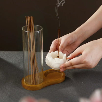 brûleur encens avec socle en bois et verre