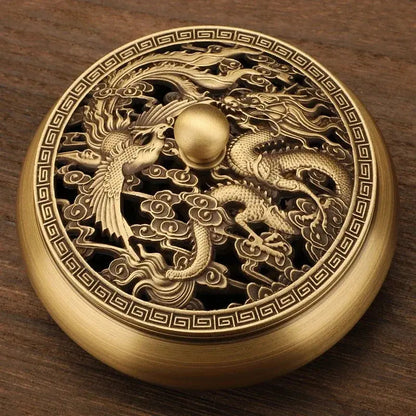 Brûleur d’encens Dragon Phénix en cuivre massif.