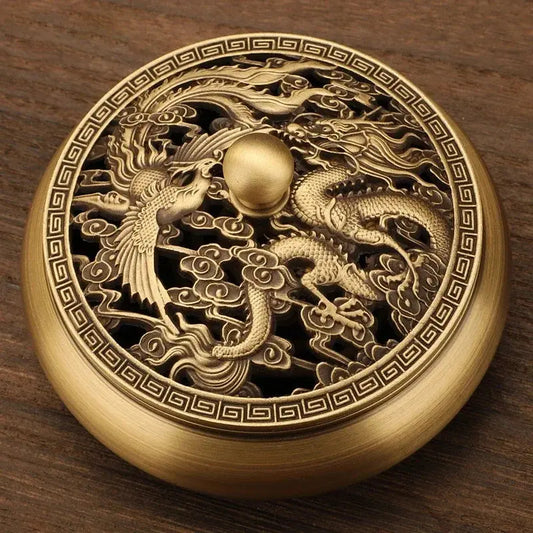 Brûleur d’encens Dragon Phénix en cuivre massif.