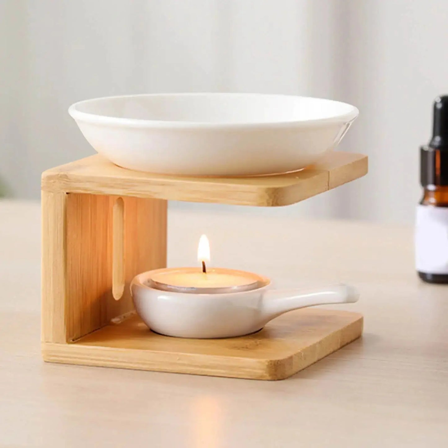  Brûleur d’huiles essentielles décoratif en bois naturel et bol céramique