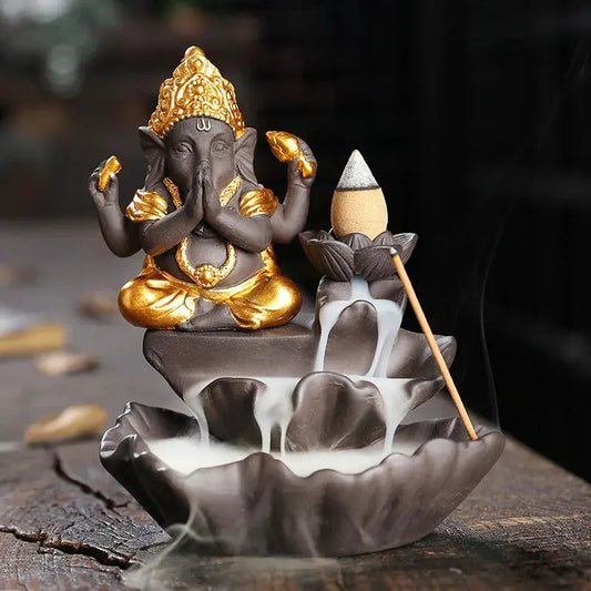 fontaine encens ganesha doré et lotus