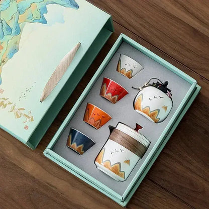 Coffret thé céramique moderne théière 600ml et 4 tasses 45ml, boîte conservation incluse