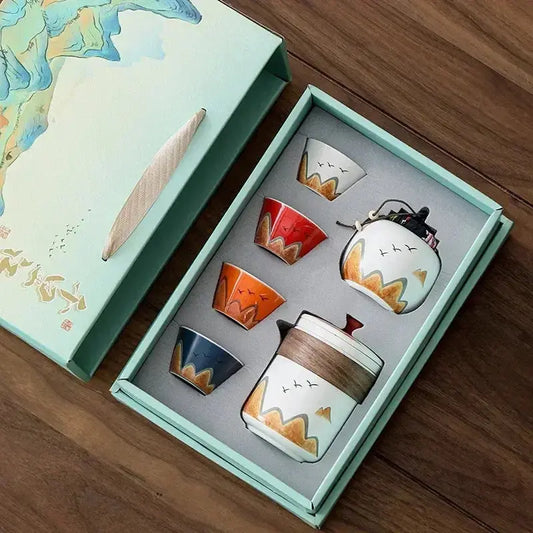 Coffret thé céramique moderne théière 600ml et 4 tasses 45ml, boîte conservation incluse