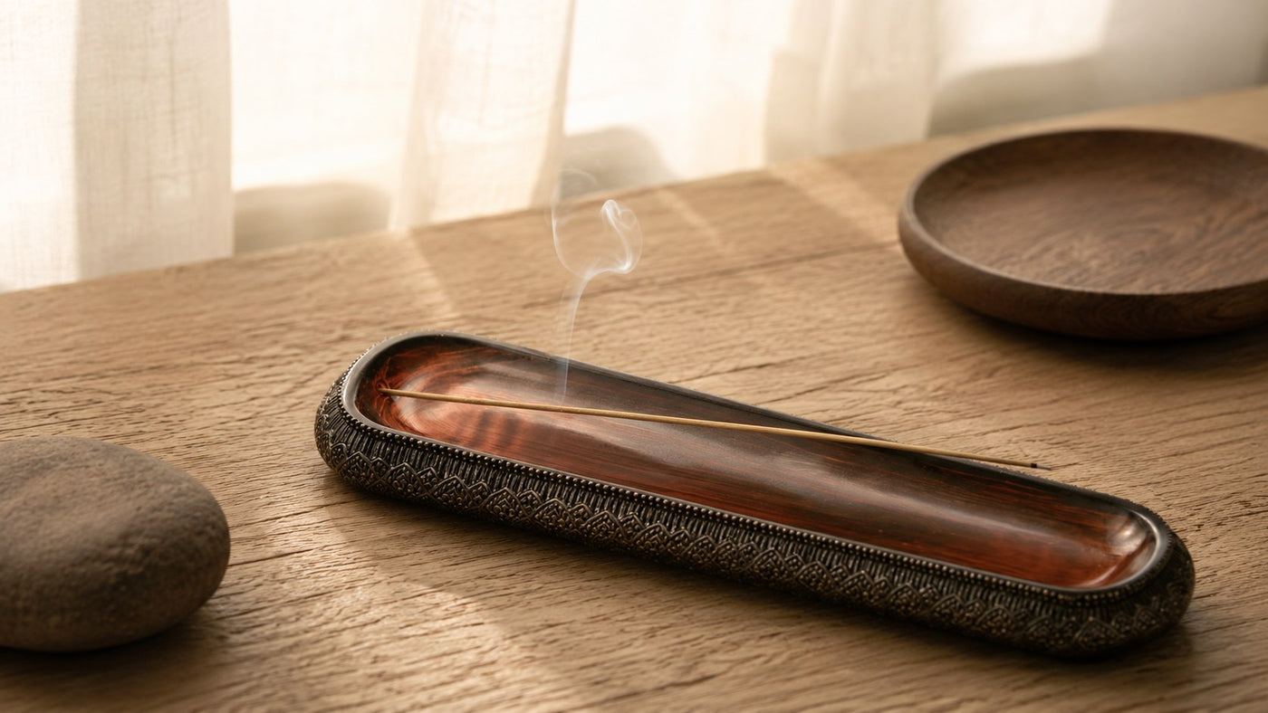 Porte-encens ovale en bois et tissu marron avec bâton d'encens fumant sur table en chêne, ambiance zen avec voilage clair