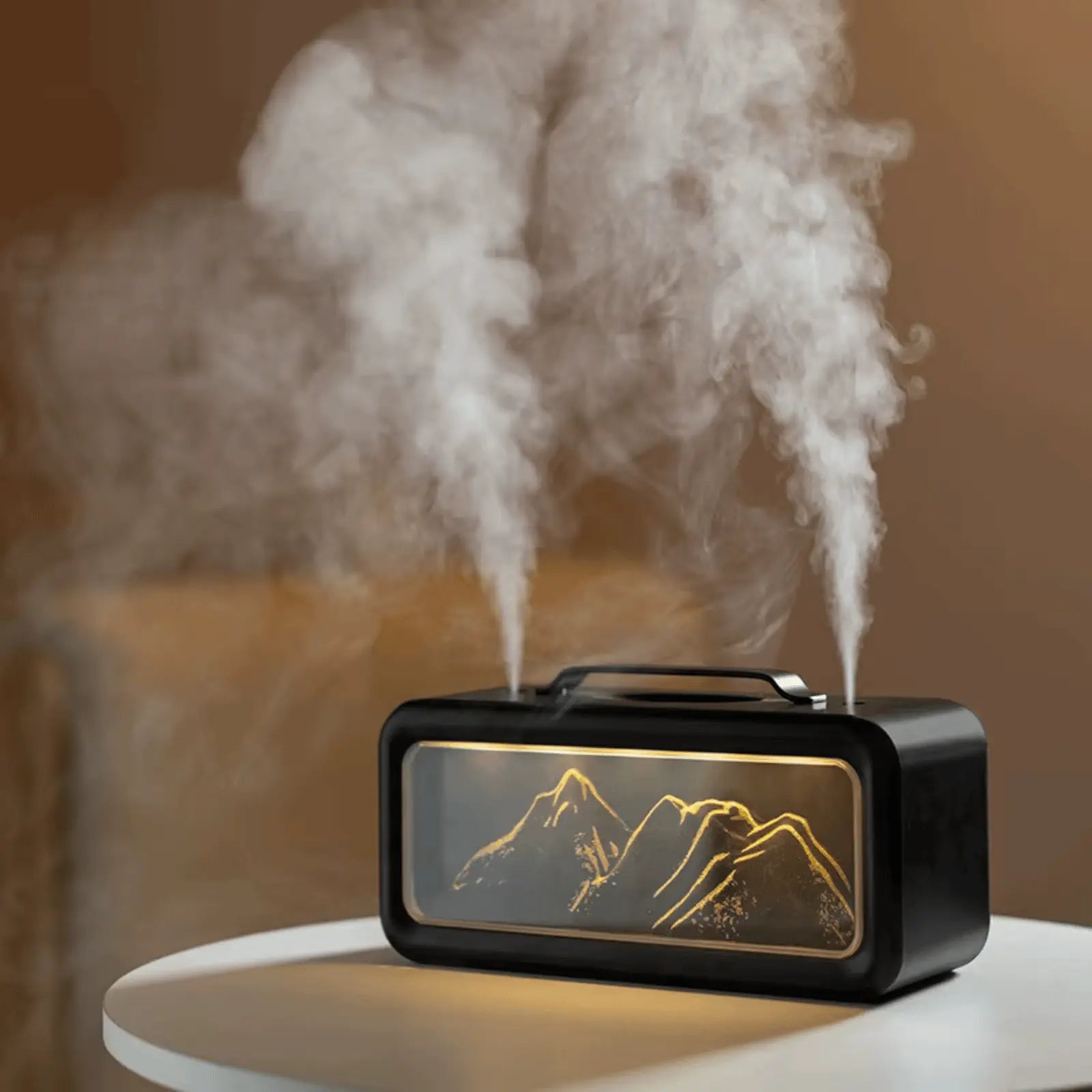 Diffuseur brume montagne ambiance cosy zen, lumière chaude et double brume décoration intérieure