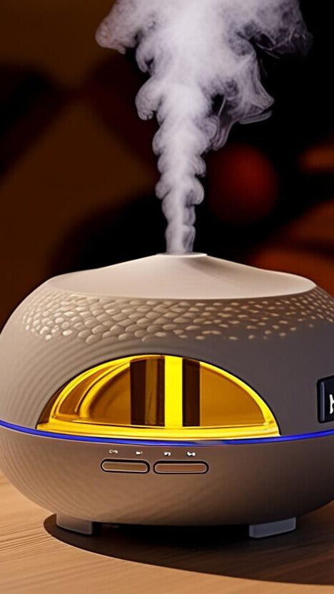 Diffuseur ultrasonique diffusant une brume aromatique dans un salon zen avec lumière tamisée.