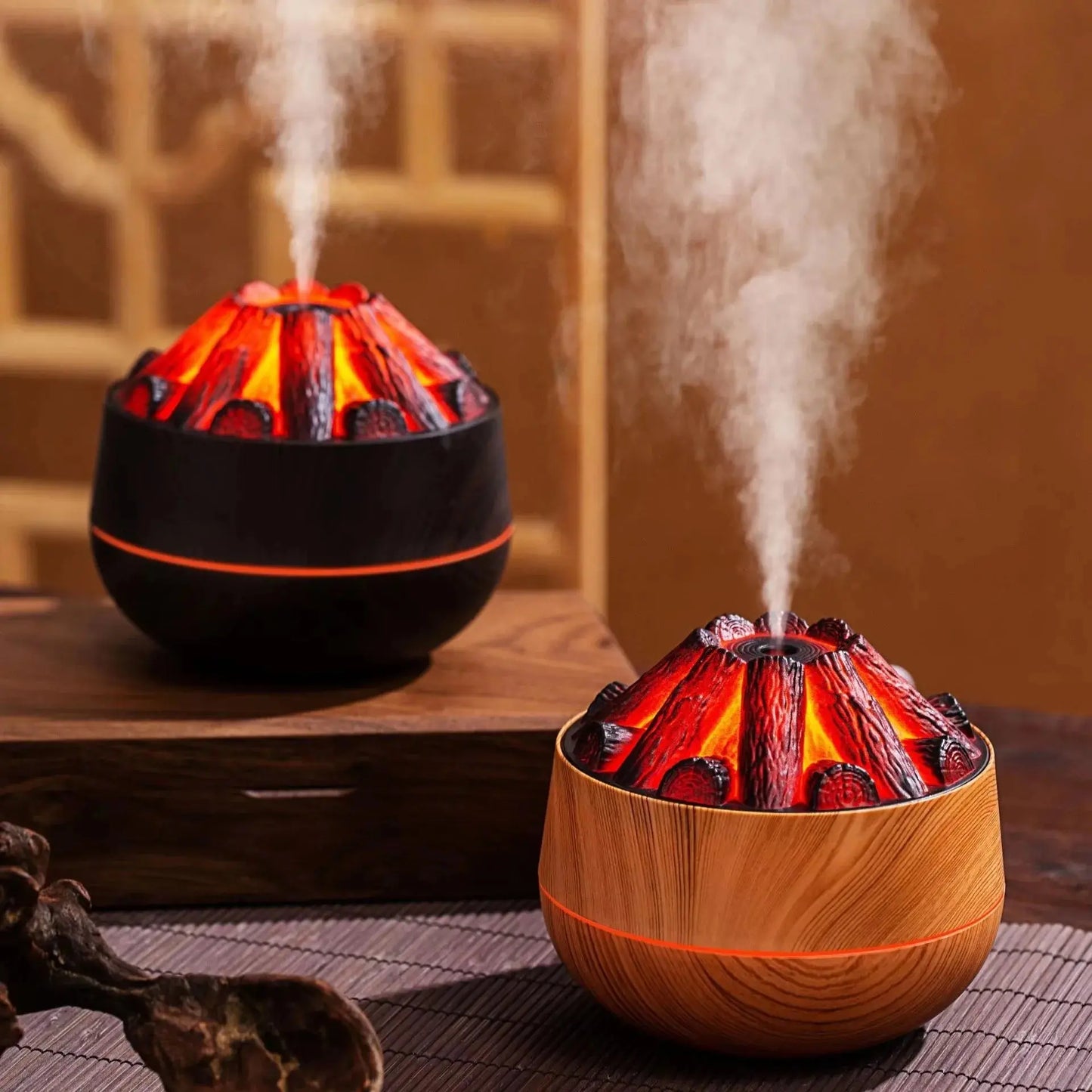 Diffuseur ultrasonique design charbon ardent incandescent, brume douce et lumière orangée zen