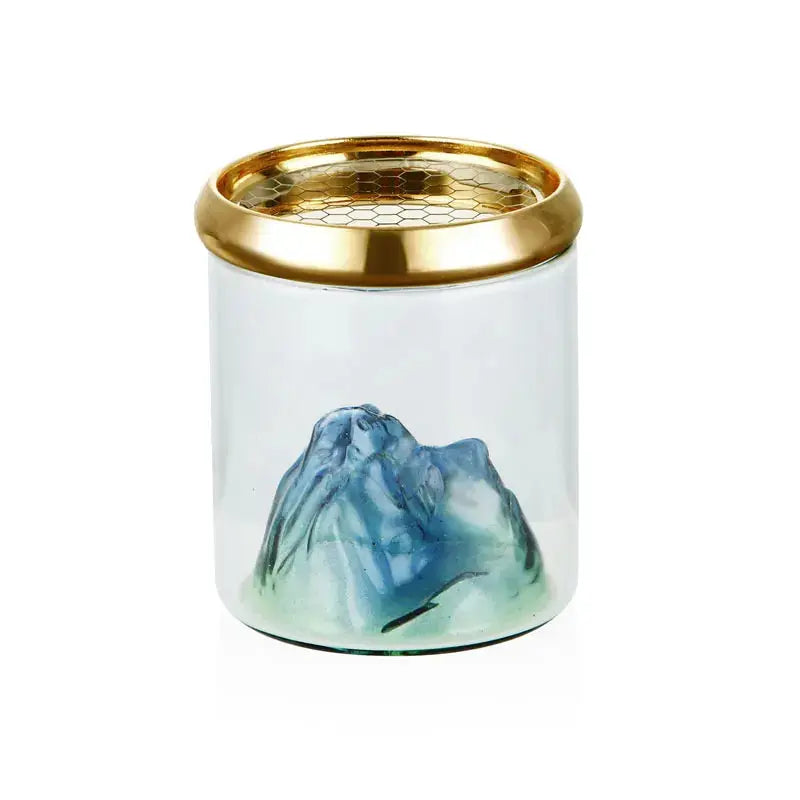 Brûleur encens reflux montagne en verre, accents dorés, décoration zen bureau et salon