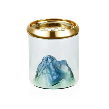 Brûleur encens reflux montagne en verre, accents dorés, décoration zen bureau et salon