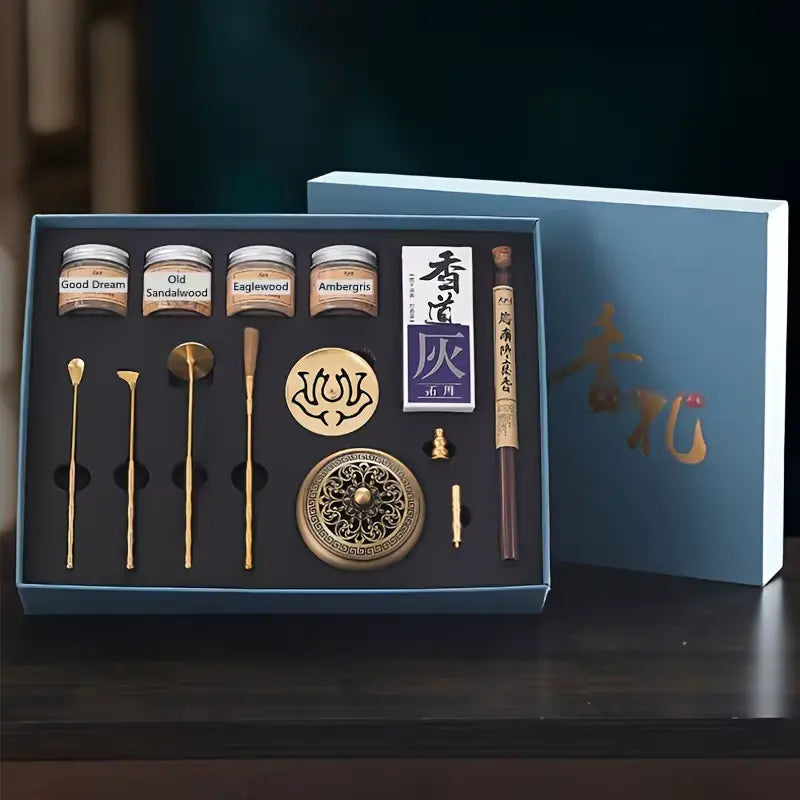 Ensemble premium avec accessoires et encens précieux.