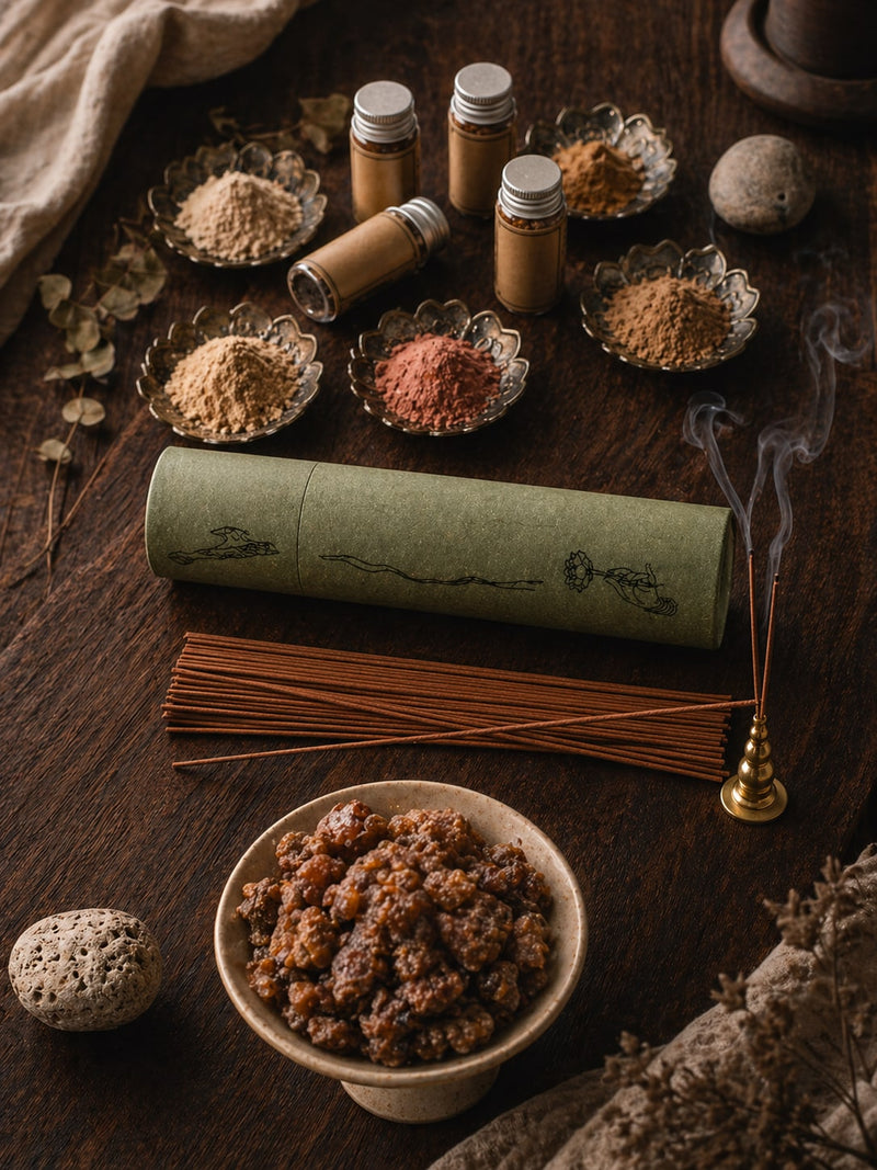 Atelier d'encens traditionnel : poudres aromatiques, bâtons, résines et brûleur en laiton sur bois ancien — Encensoria