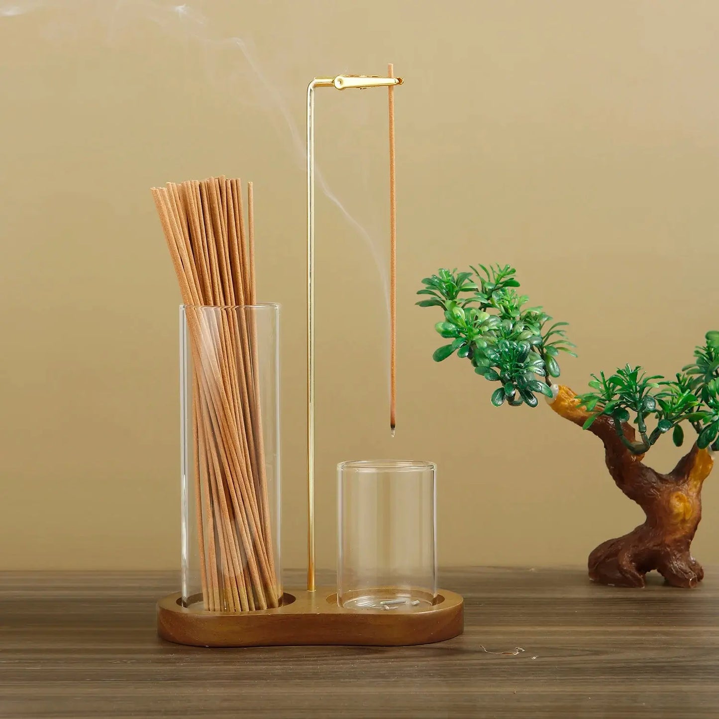 Porte-encens bâtons 2-en-1 en verre avec système anti-cendres.