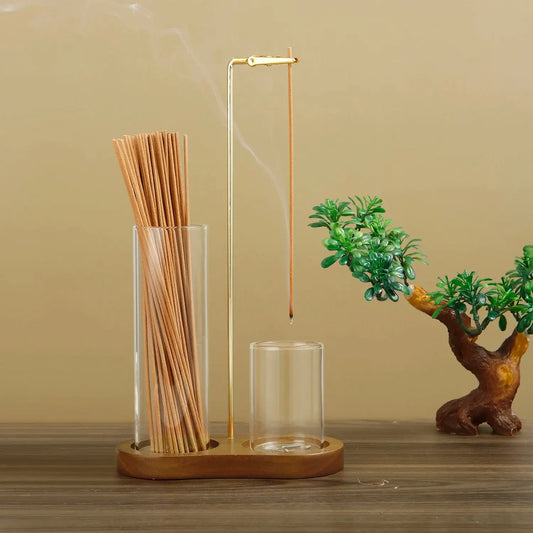 Porte-encens bâtons 2-en-1 en verre avec système anti-cendres.