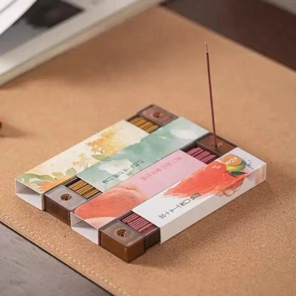Écrin porte-encens en bois compact avec bâtonnets santal, rituel zen nomade