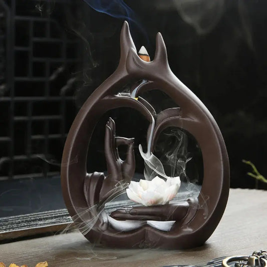 Porte-encens en cascade avec main de Bouddha et lotus

