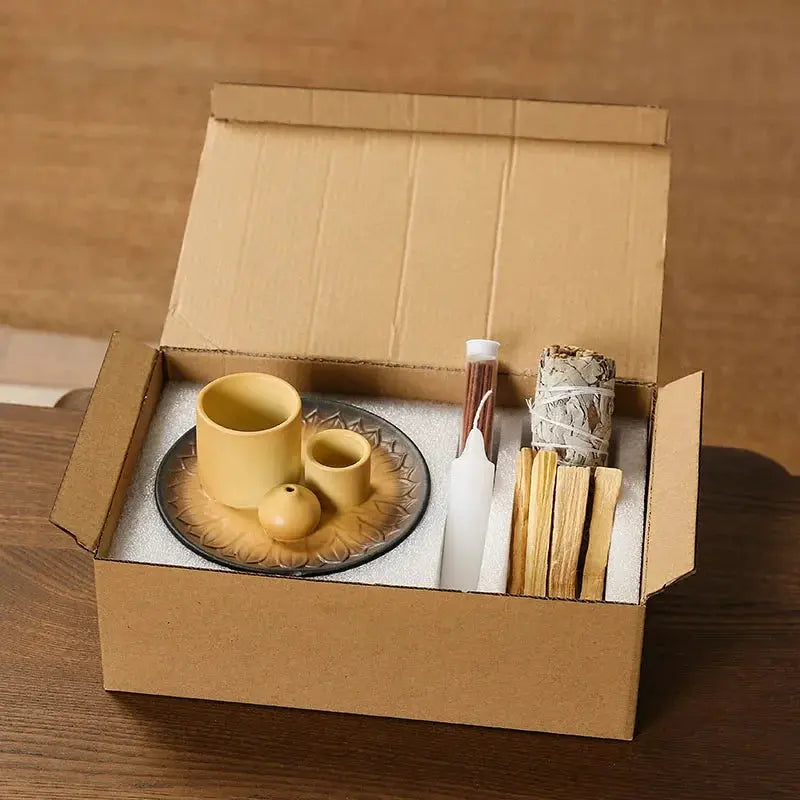 Porte-encens céramique multifonction méditation, support bâtons palo santo et sauge blanche