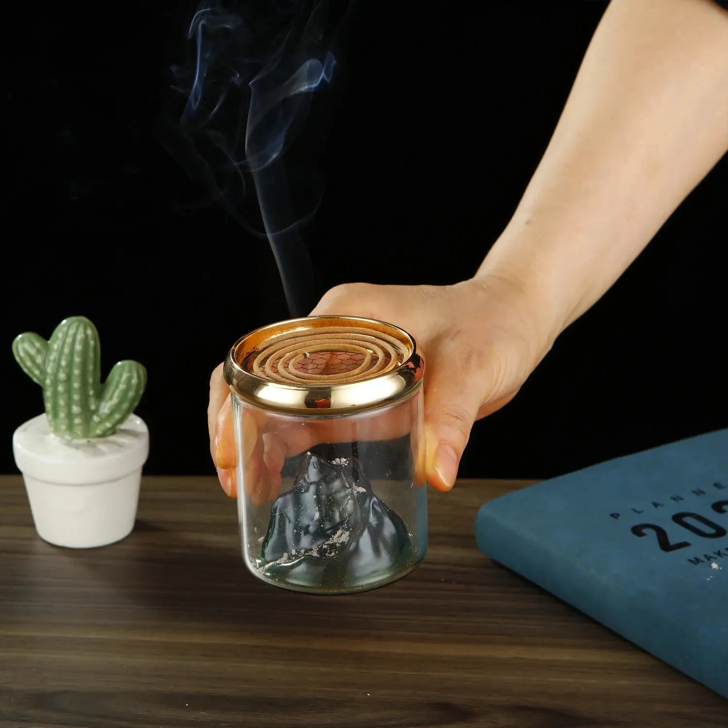 Support encens reflux en verre borosilicate et métal doré, compatible cônes et spirales d'encens