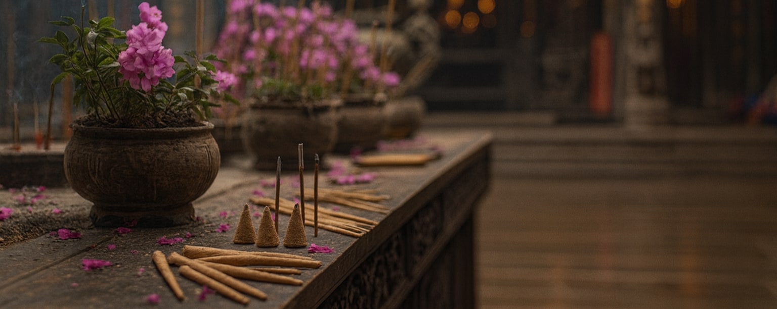 pots fleurs encens batons cones temple