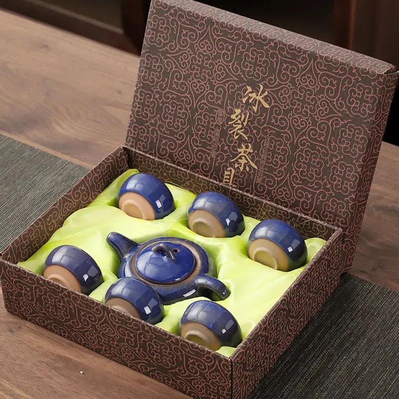 Service thé complet céramique cadeau chinois, théière et tasses glaçure craquelée artisanale
