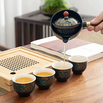 Service thé portable céramique rotation 360°, 4 tasses plateau et sac voyage tout-en-un