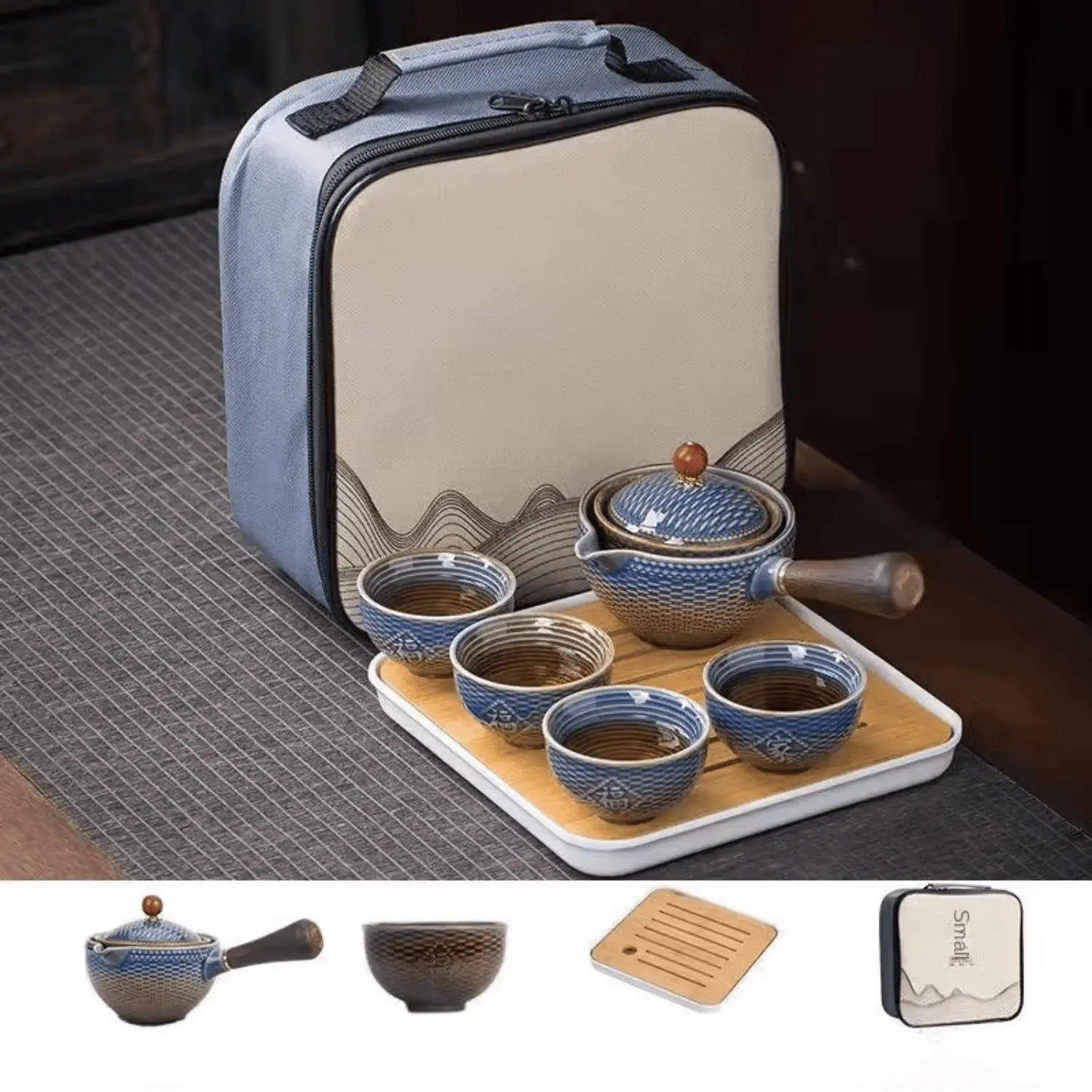 Service thé portable tout-en-un céramique, plateau tasses et sac transport rituel nomade