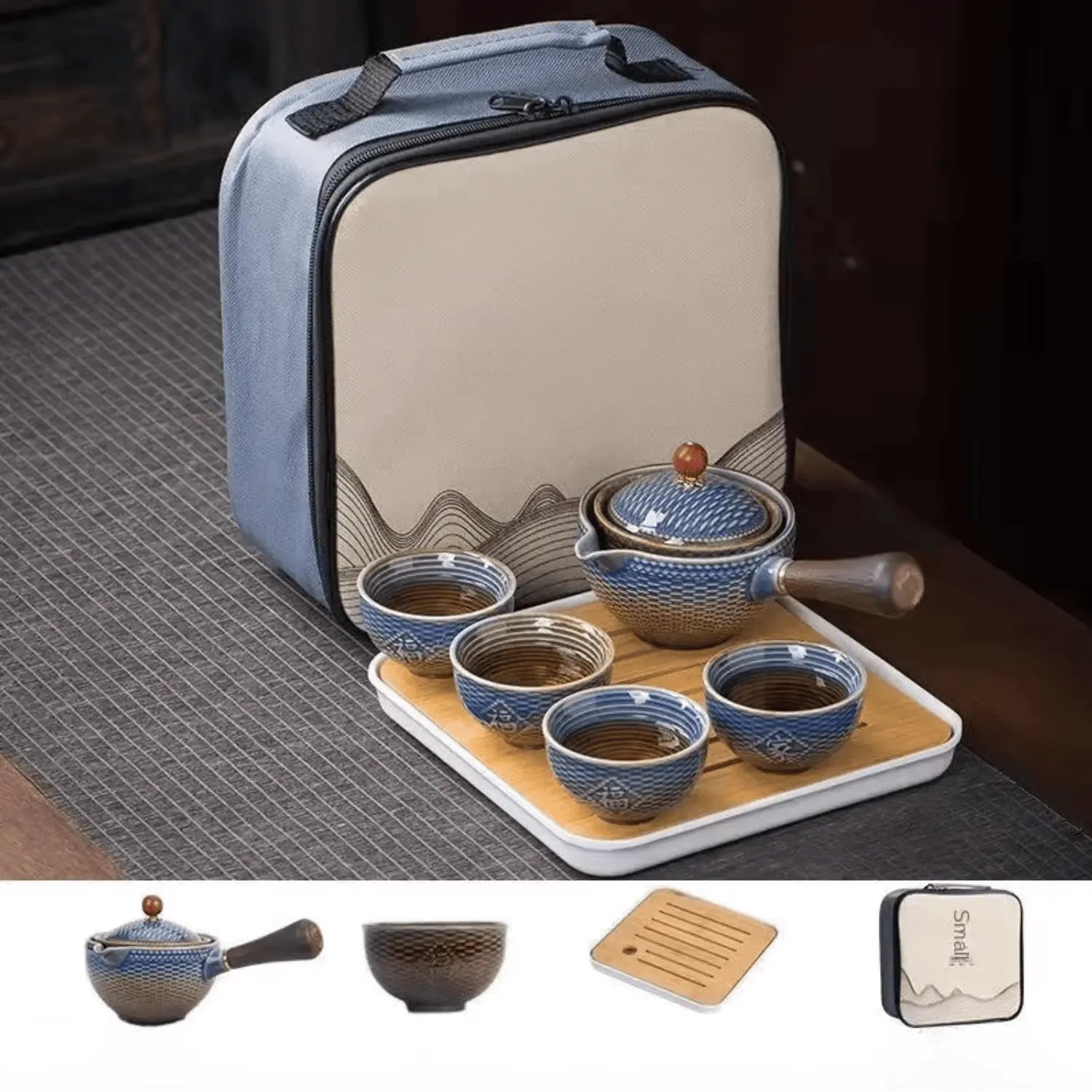 Service thé portable tout-en-un céramique, plateau tasses et sac transport rituel nomade
