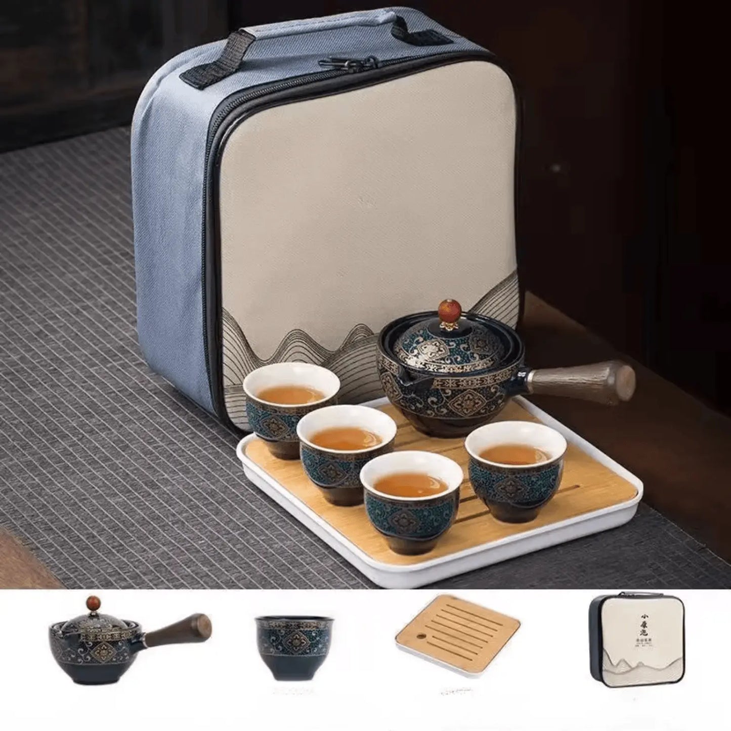 Service thé voyage complet céramique zen, théière rotative 4 tasses et plateau bambou