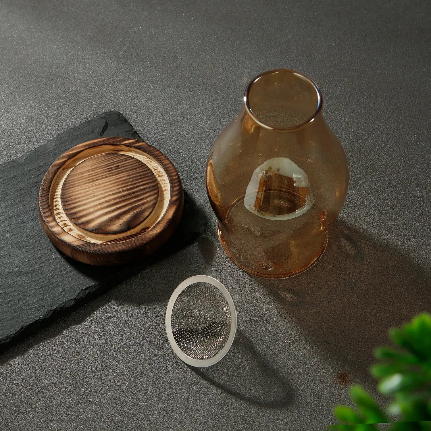 support pour poudre d’encens verre et bois