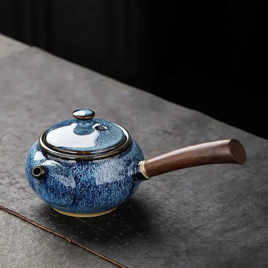 Théière céramique anse latérale Kung Fu Cha, porcelaine fine bleue artisanale 200ml