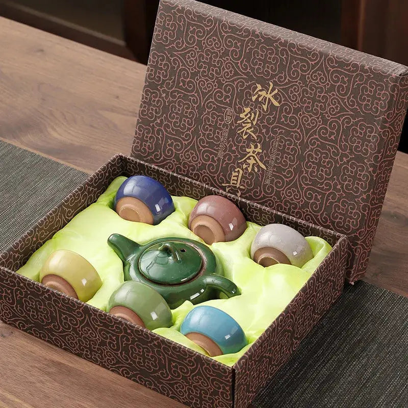 Théière et tasses céramique chinoise craquelée, glaçure ice crack artisanale unique naturelle