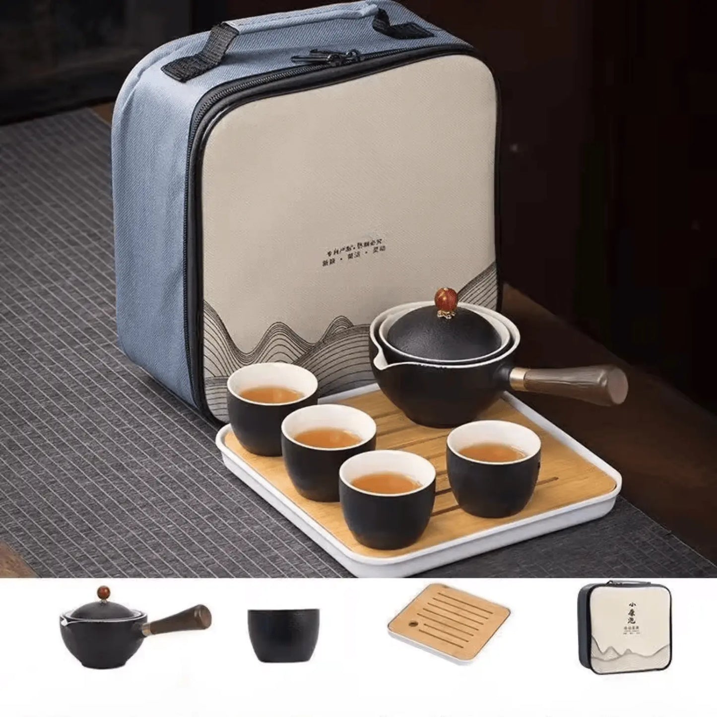 Théière voyage céramique bois montagne et inox portable, double paroi format compact